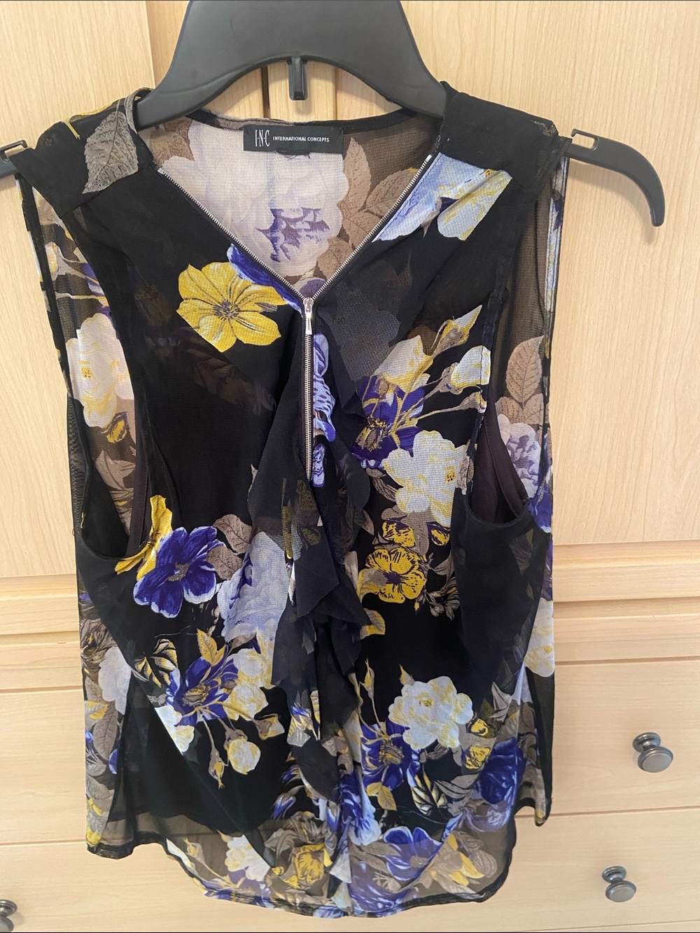 INC International Concepts Black Floral Sleeveless Ruffle Front Top